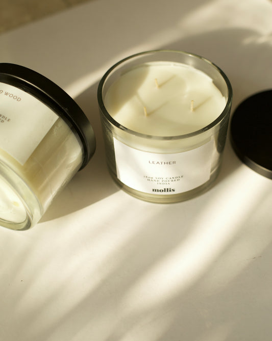 Mollis 3 wick scented soy wax candle India — handmade luxury natural home fragrance candle with black metal lid